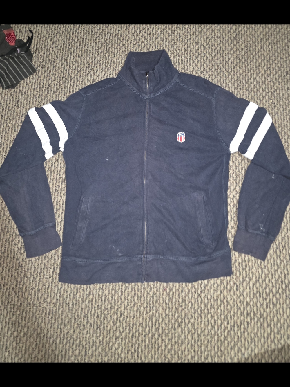 Vintage RL Navy Men's Full-Zip Track Sweater with White Sleeve Stripes